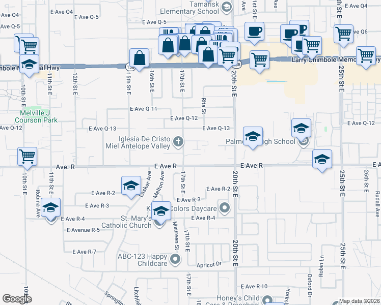map of restaurants, bars, coffee shops, grocery stores, and more near 38000 17th Street East in Palmdale