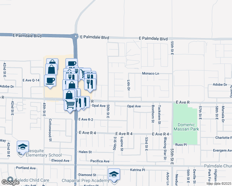 map of restaurants, bars, coffee shops, grocery stores, and more near 5034 Marseilles Court in Palmdale