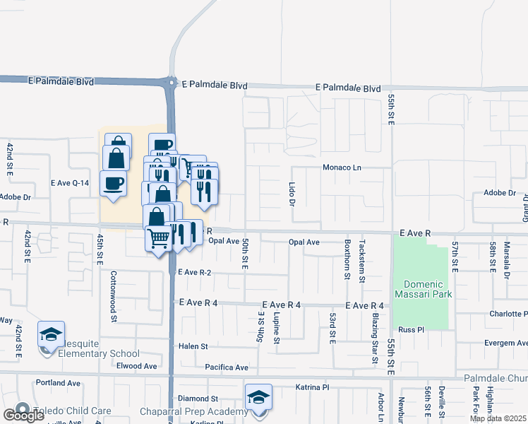 map of restaurants, bars, coffee shops, grocery stores, and more near 5034 Marseilles Court in Palmdale