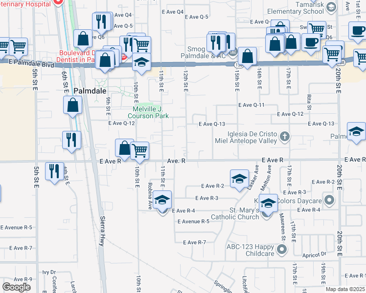 map of restaurants, bars, coffee shops, grocery stores, and more near 38022 12th Street East in Palmdale