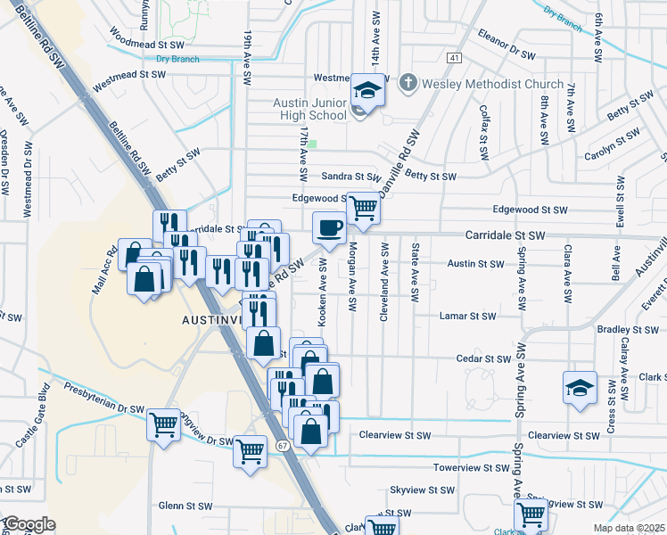 map of restaurants, bars, coffee shops, grocery stores, and more near 2216 Kooken Avenue Southwest in Decatur
