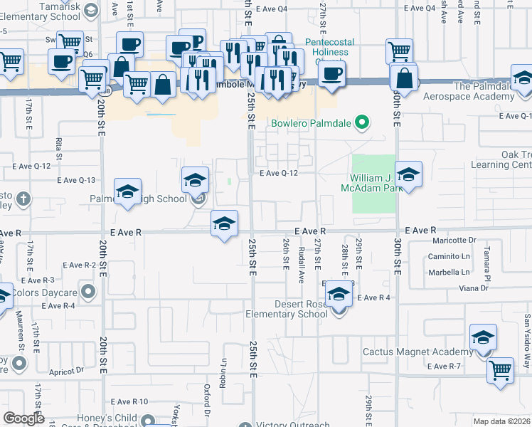 map of restaurants, bars, coffee shops, grocery stores, and more near 38028 Jeri Lane in Palmdale