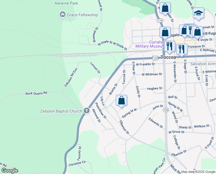 map of restaurants, bars, coffee shops, grocery stores, and more near 100-198 Fig St in Toccoa