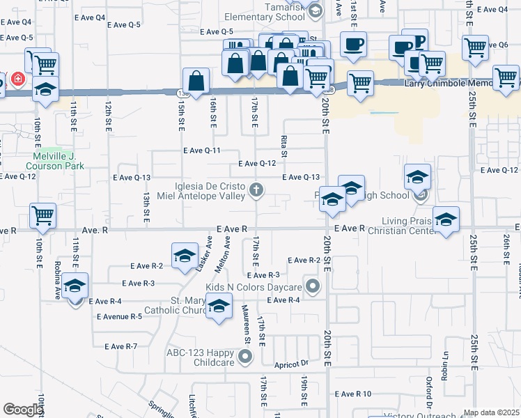 map of restaurants, bars, coffee shops, grocery stores, and more near 38000 17th Street East in Palmdale