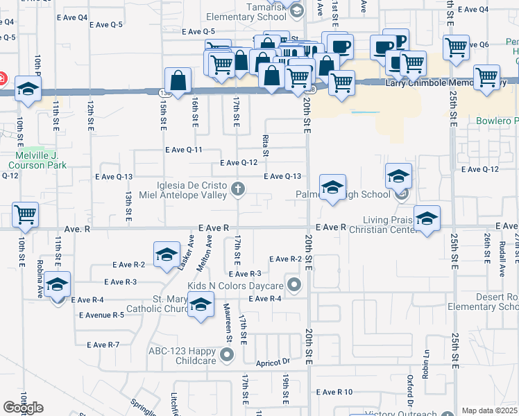 map of restaurants, bars, coffee shops, grocery stores, and more near 1755 East Avenue R in Palmdale