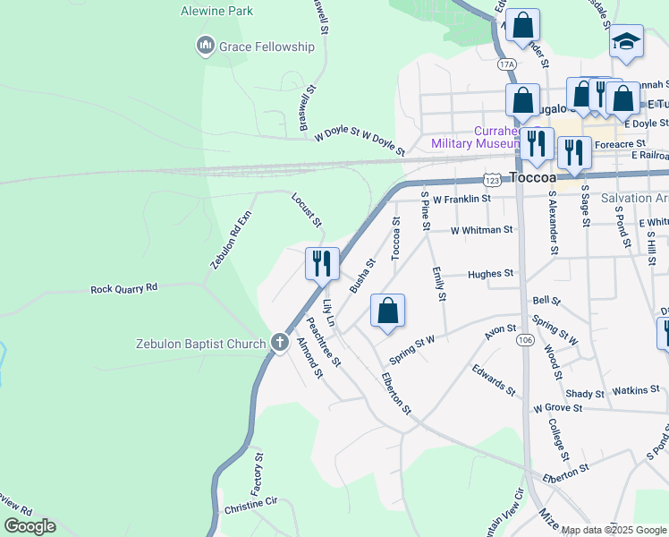 map of restaurants, bars, coffee shops, grocery stores, and more near 198 Fig Street in Toccoa