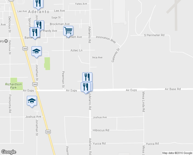 map of restaurants, bars, coffee shops, grocery stores, and more near 17787 Adelanto Road in Adelanto