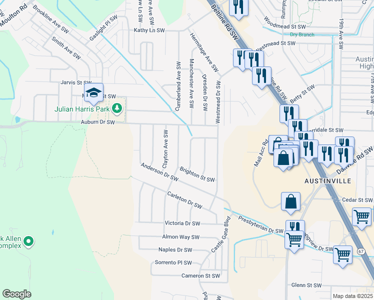 map of restaurants, bars, coffee shops, grocery stores, and more near 2224 Essex Drive Southwest in Decatur