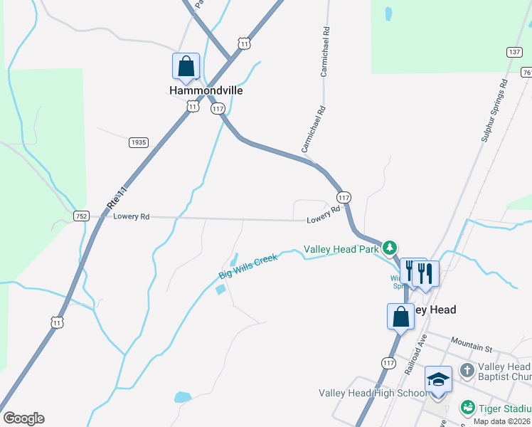 map of restaurants, bars, coffee shops, grocery stores, and more near 286 Lowery Road in Valley Head