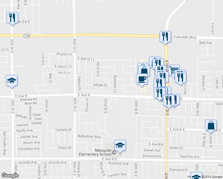 map of restaurants, bars, coffee shops, grocery stores, and more near 4225 Saddleback Road in Palmdale