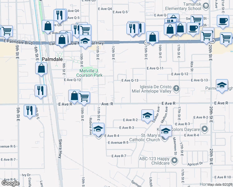 map of restaurants, bars, coffee shops, grocery stores, and more near 38044 12th Street East in Palmdale