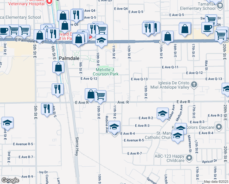 map of restaurants, bars, coffee shops, grocery stores, and more near 38035 11th Street East in Palmdale