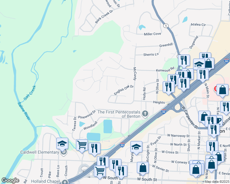 map of restaurants, bars, coffee shops, grocery stores, and more near 1130 English Oak Drive in Benton