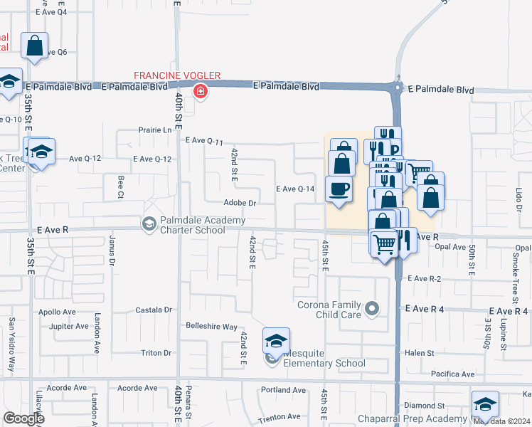 map of restaurants, bars, coffee shops, grocery stores, and more near 4225 Saddleback Road in Palmdale