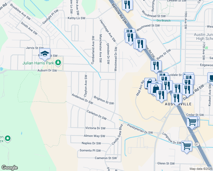 map of restaurants, bars, coffee shops, grocery stores, and more near 2227 Essex Drive Southwest in Decatur
