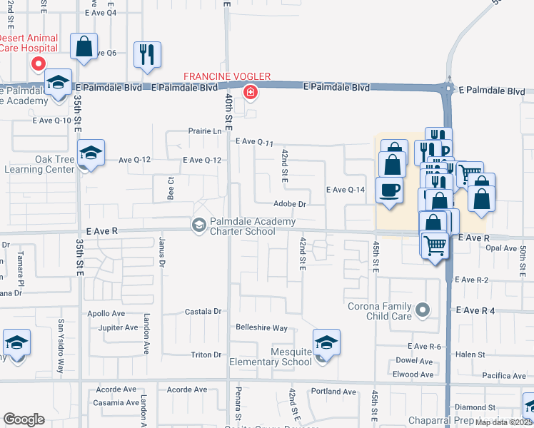 map of restaurants, bars, coffee shops, grocery stores, and more near 4065 Saddleback Road in Palmdale