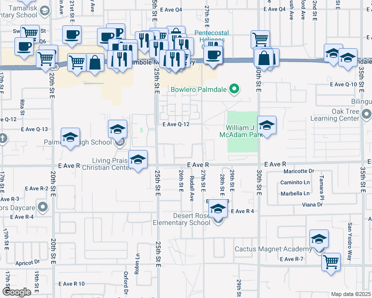 map of restaurants, bars, coffee shops, grocery stores, and more near East Avenue Q14 in Los Angeles County