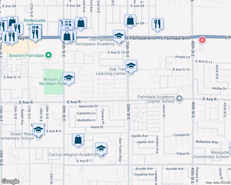 map of restaurants, bars, coffee shops, grocery stores, and more near in Palmdale