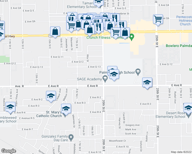 map of restaurants, bars, coffee shops, grocery stores, and more near 38021 20th Street East in Palmdale