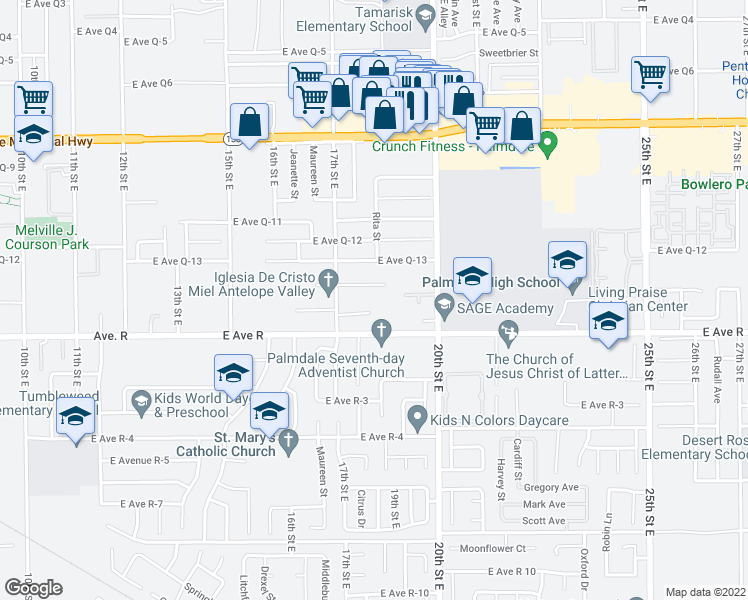 map of restaurants, bars, coffee shops, grocery stores, and more near 1755 East Avenue R in Palmdale