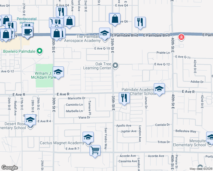 map of restaurants, bars, coffee shops, grocery stores, and more near in Palmdale