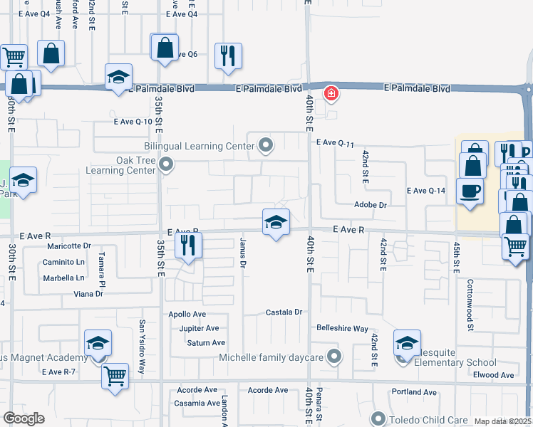 map of restaurants, bars, coffee shops, grocery stores, and more near 3759 Saddleback Drive in Palmdale