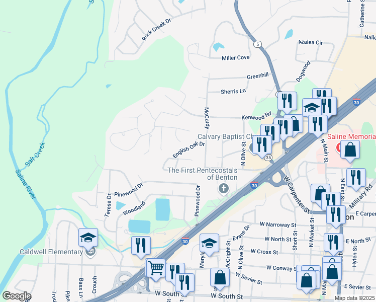 map of restaurants, bars, coffee shops, grocery stores, and more near 1113 English Oak Drive in Benton