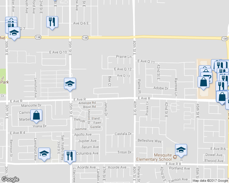 map of restaurants, bars, coffee shops, grocery stores, and more near 3753 Saddleback Drive in Palmdale