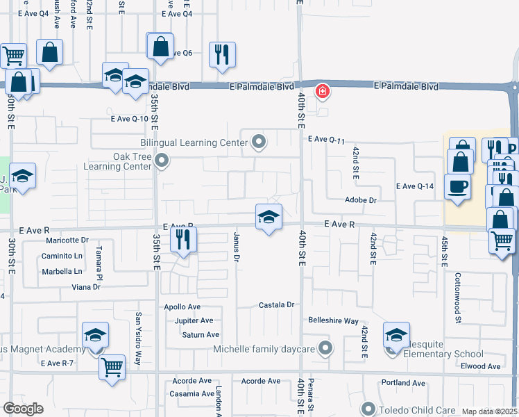 map of restaurants, bars, coffee shops, grocery stores, and more near 3759 Saddleback Drive in Palmdale