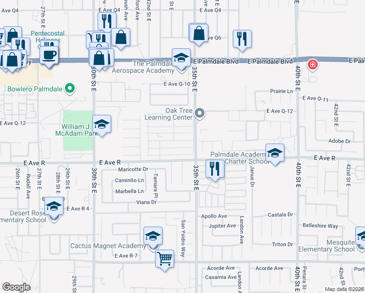 map of restaurants, bars, coffee shops, grocery stores, and more near 3255 East Avenue R in Palmdale