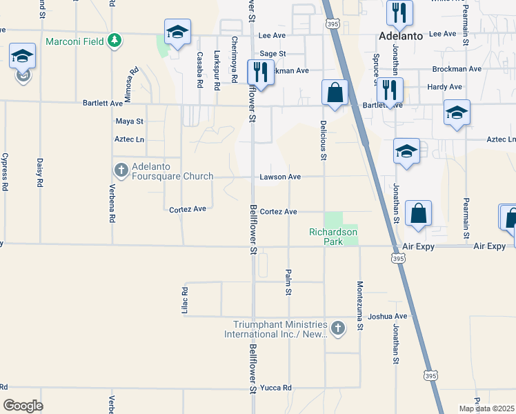 map of restaurants, bars, coffee shops, grocery stores, and more near 17801 Bellflower Street in Adelanto