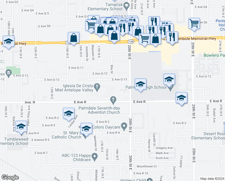 map of restaurants, bars, coffee shops, grocery stores, and more near 1755 East Avenue R in Palmdale