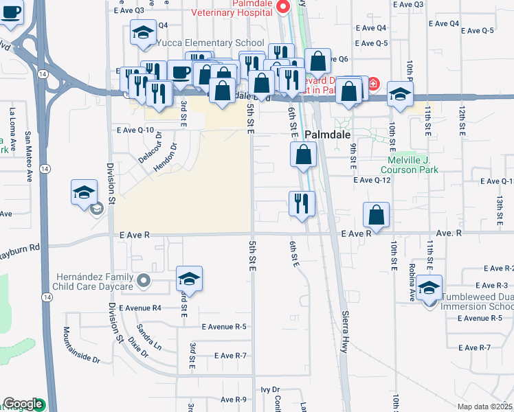 map of restaurants, bars, coffee shops, grocery stores, and more near 38076 5th Street East in Palmdale