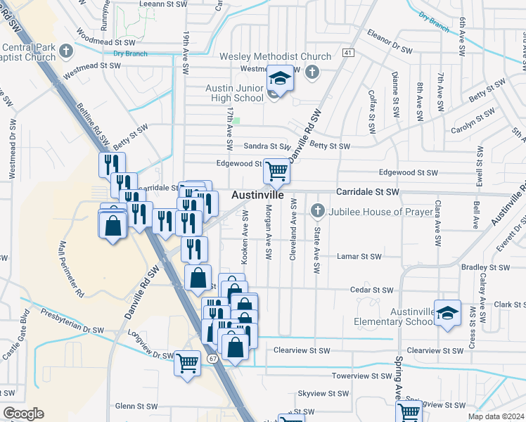 map of restaurants, bars, coffee shops, grocery stores, and more near 2216 Kooken Avenue Southwest in Decatur