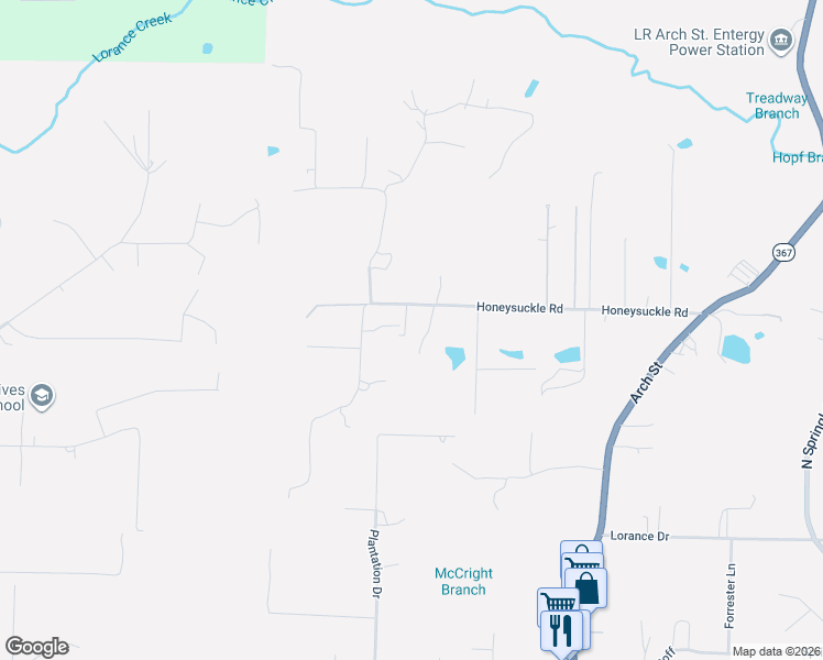 map of restaurants, bars, coffee shops, grocery stores, and more near 5417 Honeysuckle Road in Little Rock