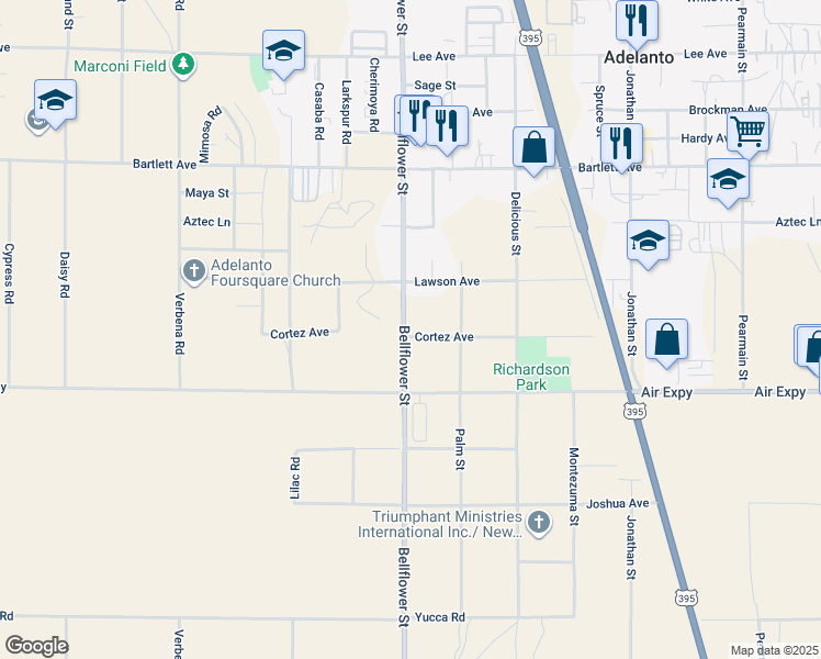 map of restaurants, bars, coffee shops, grocery stores, and more near 17801 Bellflower Street in Adelanto