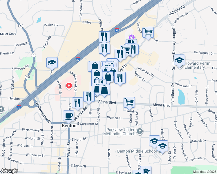 map of restaurants, bars, coffee shops, grocery stores, and more near 1122 Ferguson Drive in Benton