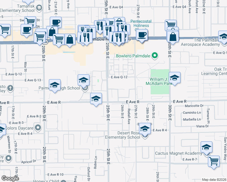map of restaurants, bars, coffee shops, grocery stores, and more near 38042 Jeri Lane in Palmdale