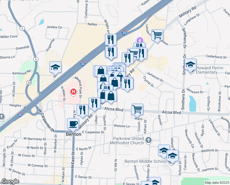 map of restaurants, bars, coffee shops, grocery stores, and more near 1122 Ferguson Drive in Benton