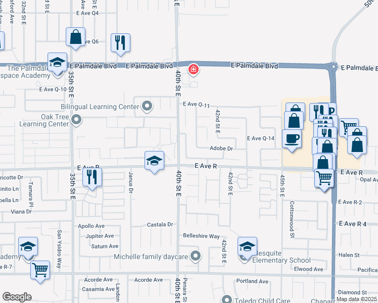 map of restaurants, bars, coffee shops, grocery stores, and more near 38036 Palms Place in Palmdale