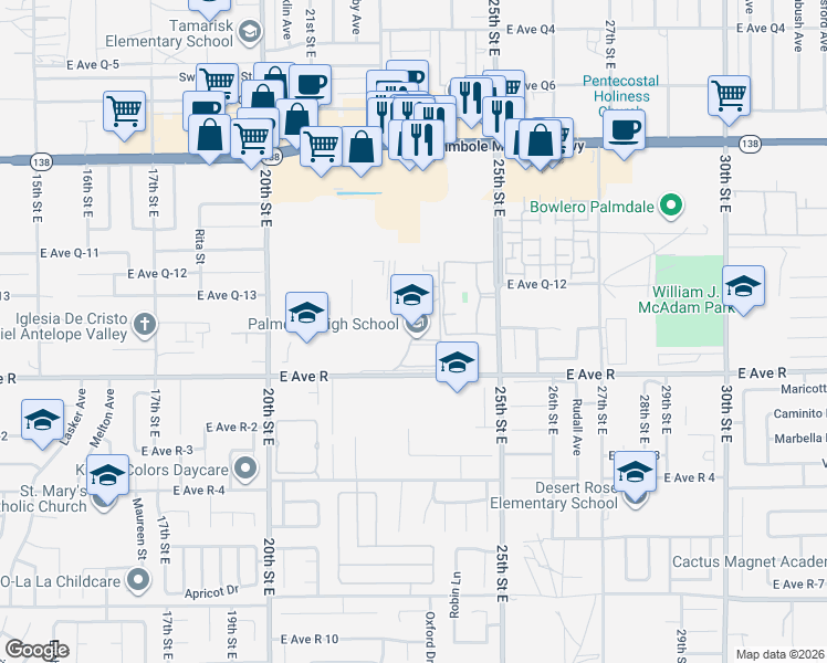 map of restaurants, bars, coffee shops, grocery stores, and more near 2201 East Avenue R in Palmdale