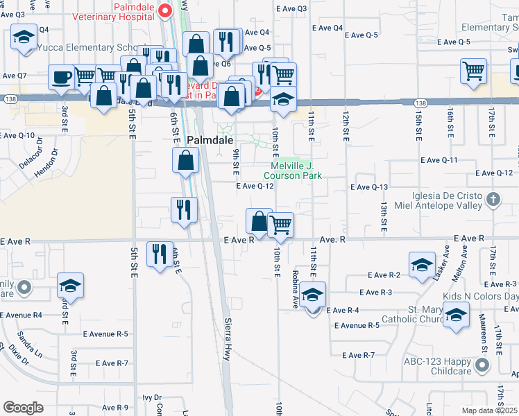 map of restaurants, bars, coffee shops, grocery stores, and more near 937 East Avenue R in Palmdale
