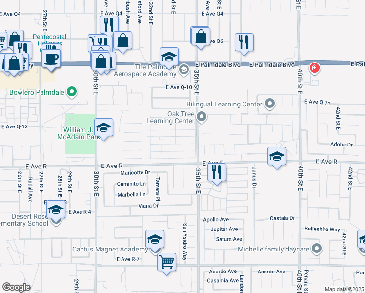 map of restaurants, bars, coffee shops, grocery stores, and more near 3255 East Avenue R in Palmdale