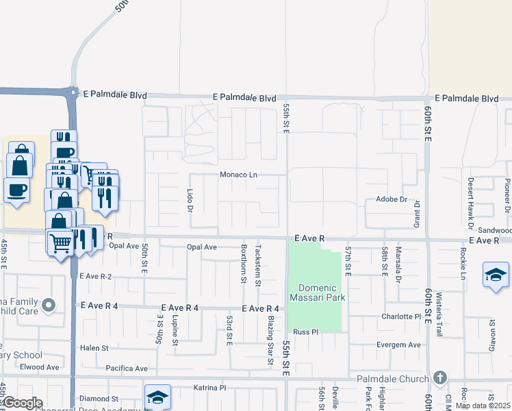 map of restaurants, bars, coffee shops, grocery stores, and more near 5314 Adobe Drive in Palmdale