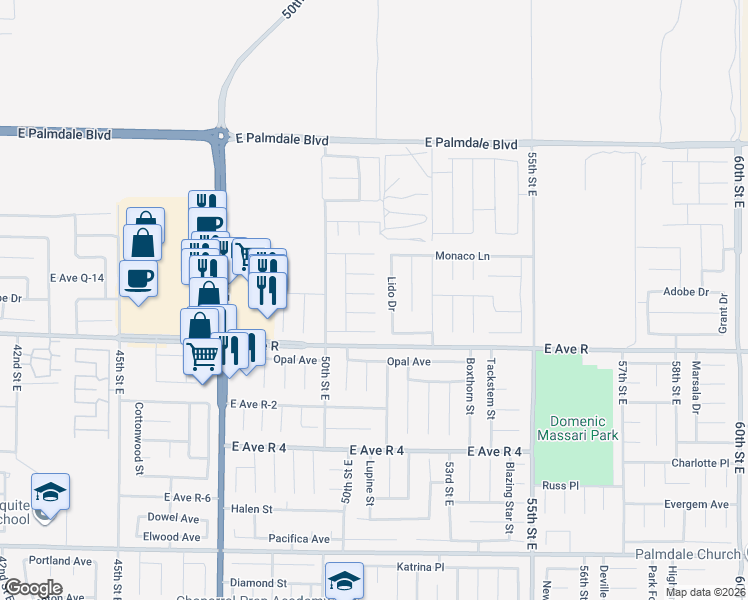 map of restaurants, bars, coffee shops, grocery stores, and more near 5060 Adobe Drive in Palmdale
