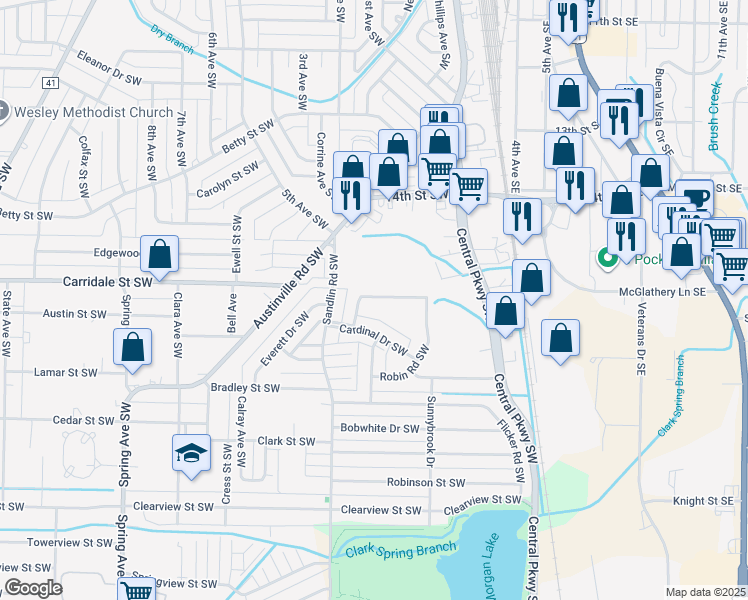 map of restaurants, bars, coffee shops, grocery stores, and more near 324 Cardinal Drive Southwest in Decatur