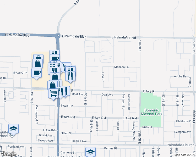 map of restaurants, bars, coffee shops, grocery stores, and more near 5060 Adobe Drive in Palmdale