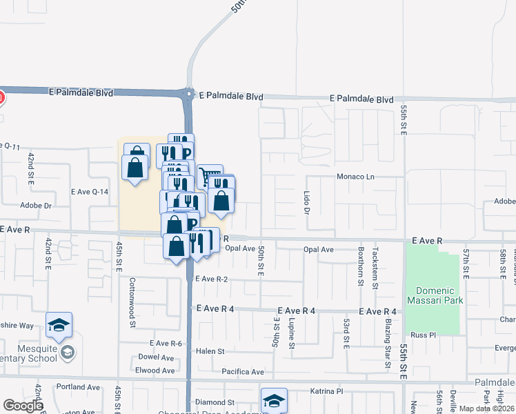 map of restaurants, bars, coffee shops, grocery stores, and more near 4862 Adobe Avenue in Palmdale