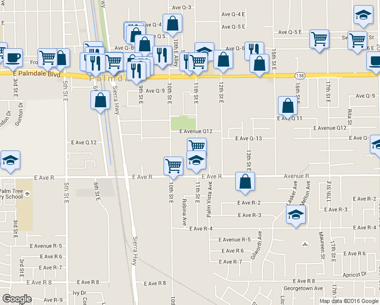 map of restaurants, bars, coffee shops, grocery stores, and more near 38129 11th Street East in Palmdale