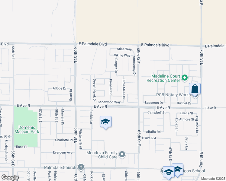 map of restaurants, bars, coffee shops, grocery stores, and more near 38118 Pioneer Drive in Palmdale